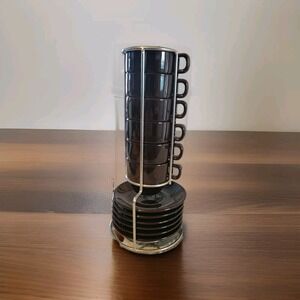 World Market Stacking Espresso Tea Coffee Mugs Saucers Dark Brown w Stand 1 CHIP